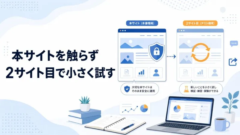 「本サイトをいきなり触らず、2サイト目で小さく試す」のアイキャッチ